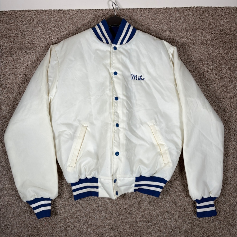 Vintage Rennoc‎ White Blue Embroidered Truck Varsity Jacket Mike Snap Front M